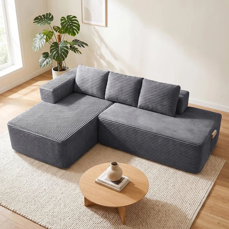 COMHOMA Ecksofa mit Schlaffunktion, 228cm Corduroy Modulares Boneless Couch mit Chaiselongue & Rücken-Metallgestell, L-Form Schlafsofa mit offenem Design, Kissen & Seitentaschen,für Wohnzimmer, GRAU-R – Bild 1