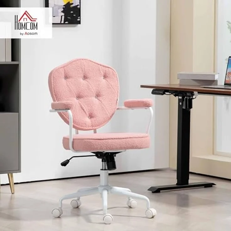 HOMCOM Bürostuhl Ergonomisch Schreibtischstuhl mit Wippfunktion, geknöpftem Bezug (Computerstuhl, 1 St), für Home Office, Teddybärvlies, Rosa – Bild 2