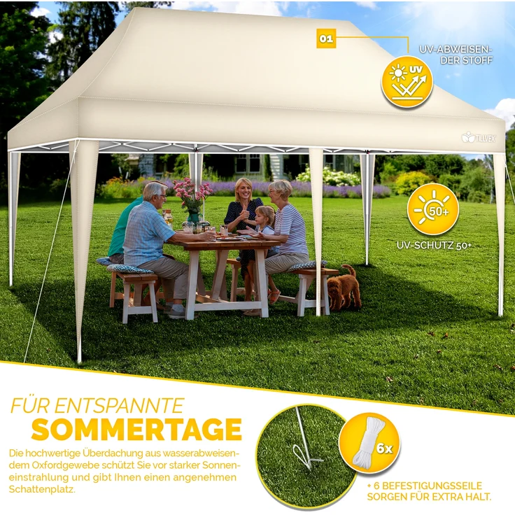 tillvex Pavillon 3x6m Beige wasserdicht | Pop-Up Faltpavillon höhenverstellbar | Gartenzelt UV Schutz 50+ | Partyzelt mit Tasche für Garten – Bild 7