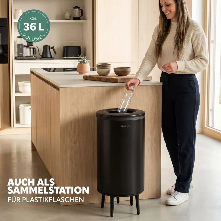 eluno Multifunktionstonne mit Nylonbeutel und runder Öffnung, Metall, schwarz, ca. 36 Liter – Bild 3