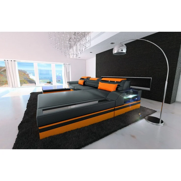 Mini Designer Ledersofa Parma L-Form - Kunstleder - Schwarz-Orange - Rechts – Bild 3