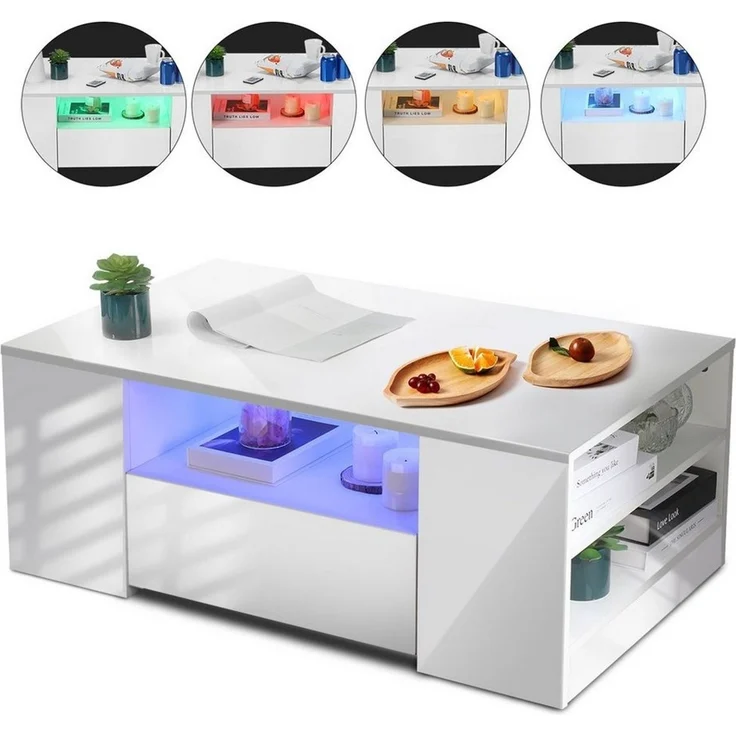 oyajia Couchtisch Hochglanz couchtisch Sofatisch mit LED-Beleuchtung Verstellbare Farben (1-St, Modern Sofatisch Wohnzimmertisch mit 2 Schublade und 2 Regalsofa), Beistelltisch, mit Stauraum, für Wohnzimmer, Schlafzimmer, 99x55x37cm – Bild 5