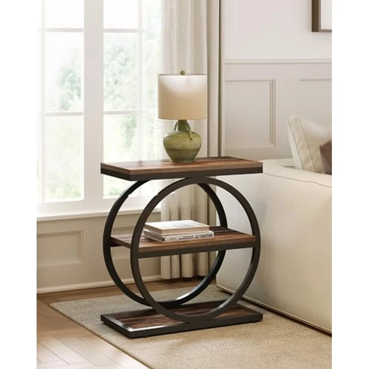 LITTLE TREE 3-stöckiger Beistelltisch, schmaler Sofa-Beistelltisch für Wohnzimmer, hoher Nachttisch, rustikales Braun und Schwarz – Bild 8