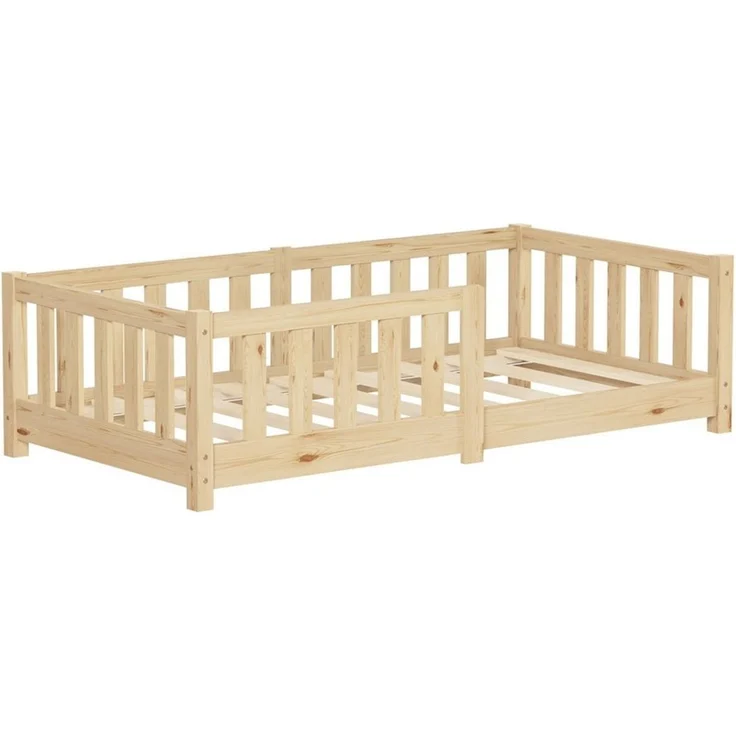 ML-DESIGN Spielbett Bodenbett Holzbett mit Lattenrost & Rausfallschutz Jugendbett Babybett, Abenteuerbett 70x140cm Natur Kinderbett Bettgestell ohne Matratze – Bild 1
