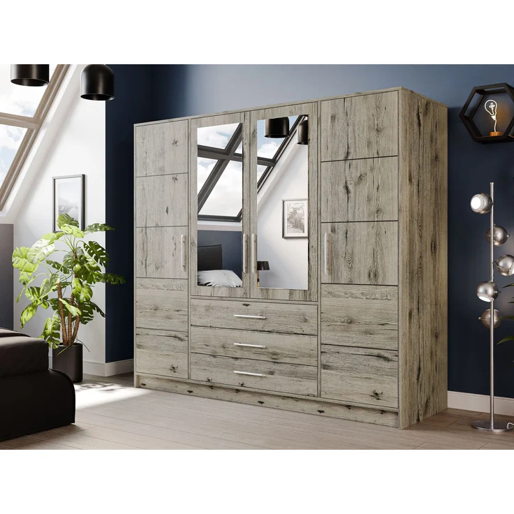 Mirjan24 'Bado 4D' Kleiderschrank mit Schubladen und Spiegel, Laminatplatte Wellington Eiche, 200 x 58 x 196 cm – Bild 2