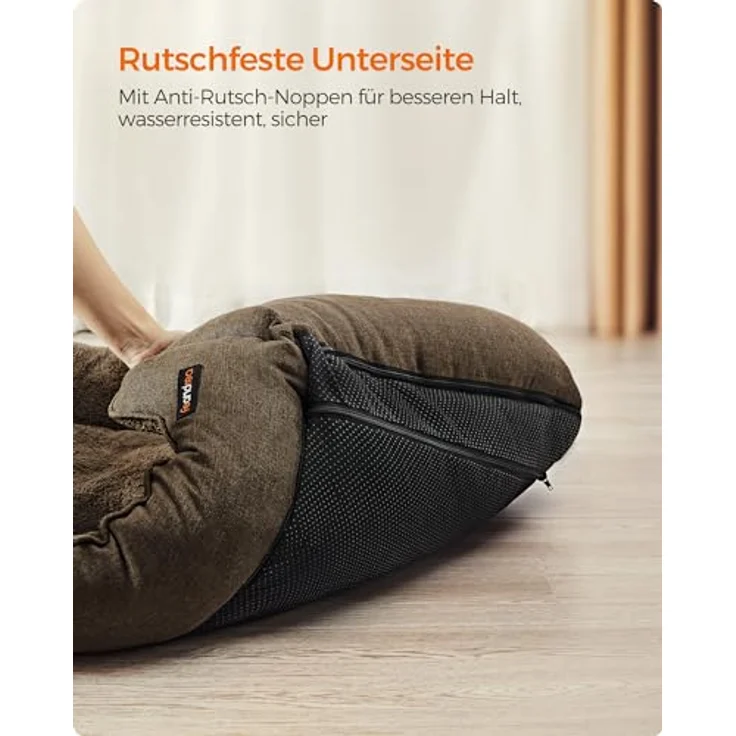 Feandrea Hundebett, Hundekissen in Leinenoptik, Hundekorb, erhöhte Ränder, rutschfeste Unterseite, Bezug abnehmbar waschbar, L, für mittelgroße Hunde, 90 x 75 x 25 cm, braun PGW11CC – Bild 7