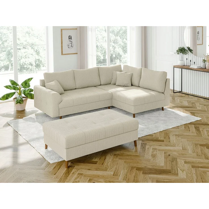 S-Style Möbel Ecksofa und Hocker Zara mit Schlaffunktion und Braun Holzfüßen aus Cord-Stoff, Ottomane links oder rechts bestellbar. Schlaffunktion in Kombination mit Hocker möglich, mit Wellenfederung – Bild 1