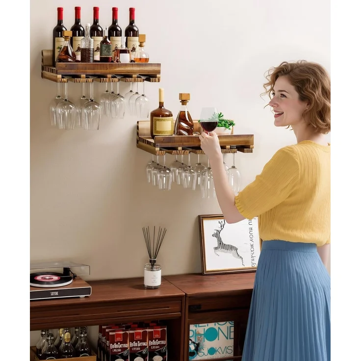 Yorbay Weinregal Set, Weinregal aus Holz Wandregal für Flaschen & Gläser, Wandregal Wandmontiertes Weinregal – Bild 7