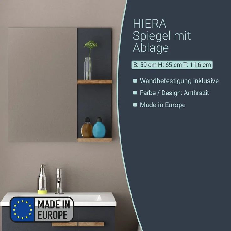 BADEDU HIERA Spiegel 59 cm breit, Anthrazit, zwei Ablagen – Bild 2