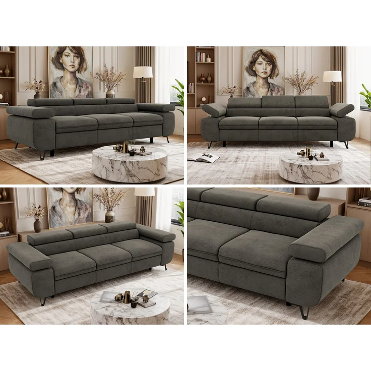 3-Sitzer Polstersofa PETER, verstellbaren Armlehnen und Kopfstütze, breite 262 cm, Gepolsterte Couch, Wellenfeder - Dunkelgrau Velvet – Bild 2