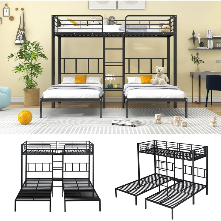 Merax Etagenbett Dreierbett Kinderbett Metallbett mit Leiter 90x200cm*3, schwarz – Bild 3