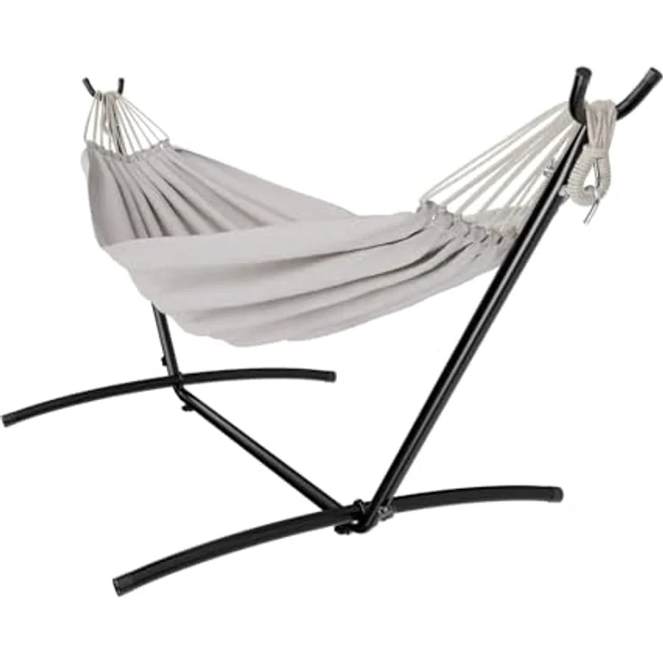 GARMIO Hängematte mit Gestell, 200kg Belastbarkeit, klappbar, inklusive Tragetasche und Zubehör, in Beige, 270x110x105cm – Bild 7