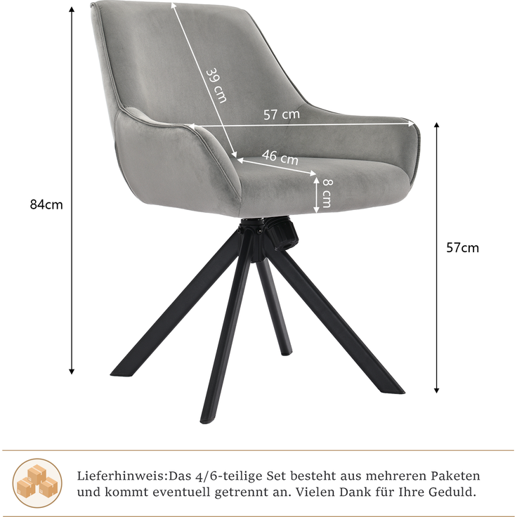 GOEURVANT 2178 Esszimmerstühle 6er-Set mit Armlehnen, 360° Drehbar, Wippfunktion, Samt - Hellgrau – Bild 6