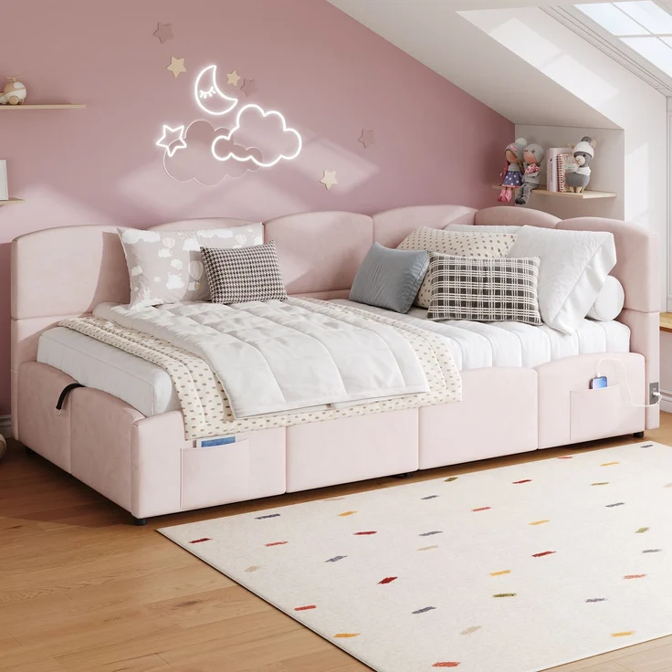 Polsterbett, Kinderbett,Einzelbett, Stauraumbett, Schlafsofa 90x200 cm, mit Lattenrost, USB-Ladegerät, Stautasche, Jugendbett und Erwachsenen-Kinderbett, Samt,rosa (ohne Matratze) – Bild 2