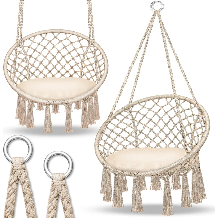 tillvex® Hängesessel Beige 150kg zum Aufhängen | Hängestuhl Indoor | Hängekorb | Schaukelkorb mit Kissen