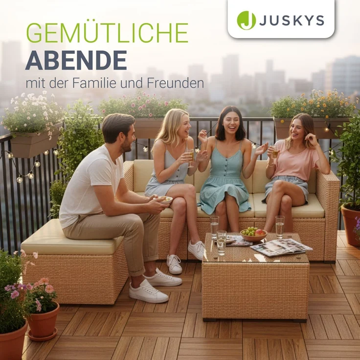 Juskys Polyrattan Lounge Punta Cana M creme inkl. Abdeckung – Gartenlounge für 4 Personen – Sitzgruppe mit Sessel, Sofa, Tisch & Hocker - Sitzbezüge sand – Bild 7