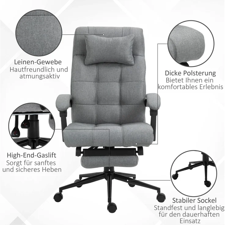 Bürostuhl Erogonomischer Schreibtischstuhl mit Liegefunktion, Kopfkissen, Armlehne, höhenverstellbarer Drehstuhl mit Fußstütze Leinenoptik Hellgrau--Hellgrau--120x76x66cm--YOUDENOVA – Bild 9