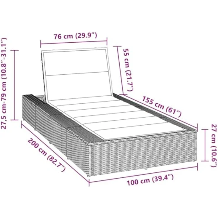 vidaXL Sonnenliege mit schwebender Auflage, Schwarz, Poly Rattan, verstellbare Rückenlehne, robustes Design – Bild 3
