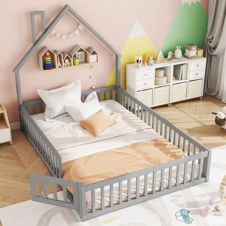 Kinderbett 140x200 cm mit Schornsteinform, Hausbett mit Sicherheitsgitter, Holzbett für Kinderzimmer, Jugendbett, Bettgestell,Grau – Bild 3