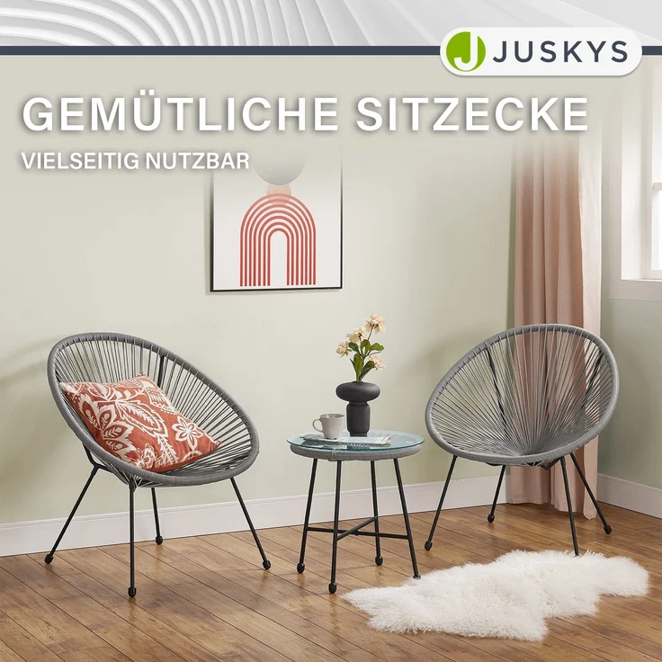 Juskys 'Ostana' Balkonmöbel Set, 3-teilig, Tisch + 2x Sessel, Polyrattan, Hellgrau – Bild 8