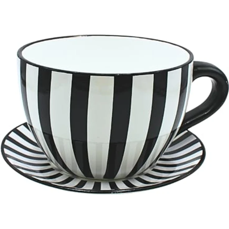 Dekohelden24 Blumentopf, Pflanztasse, Pflanzkübel, Pflanzgefäß, Blumenkübel, Pflanztopf. Übertopf als Tasse mit Griff aus Keramik, Motiv: Schwarz-Weiß-Gestreift, L/B/H 25 x 23 x 14 cm. – Bild 5