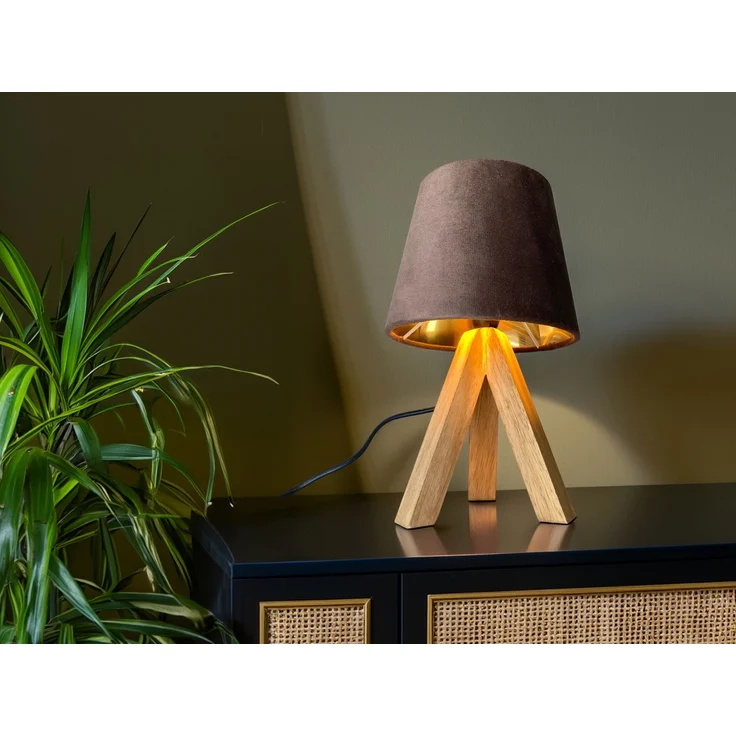 Tischlampe mit Dreibein aus Holz, Samtschirm Braun Gold, Höhe 27cm – Bild 8