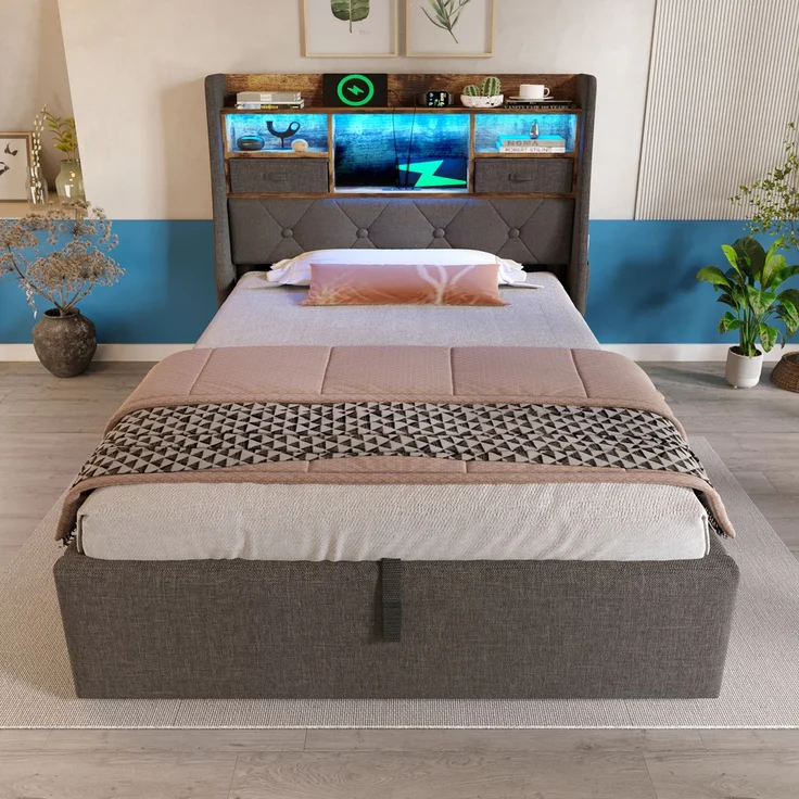 Einzelbett 90x200 Grau mit LED, Stauraum, USB/Typ-C Ladeports, Retro-Polsterkopfteil & Hydraulik – Bild 6