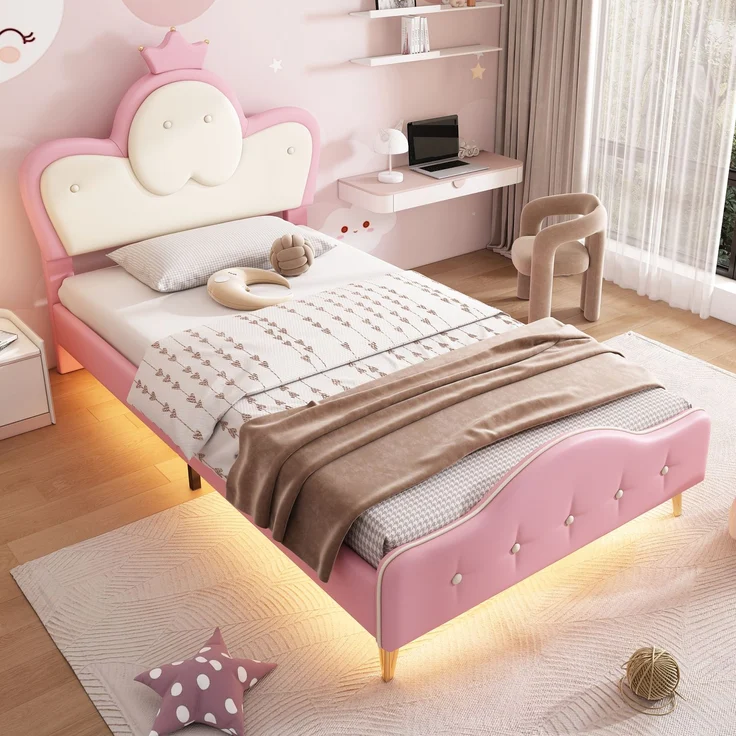 Merax 90x200CM Polsterbett, Kinderbett, mit weichen Schutzkanten, Monochromer LED-Streifen, Kopfteil mit Krone, Bettfüße aus Metall, Wellenform mit Zugpunkt am Kopfende des Bettes, Einzelbett, PU, Rosa+Weiß – Bild 3