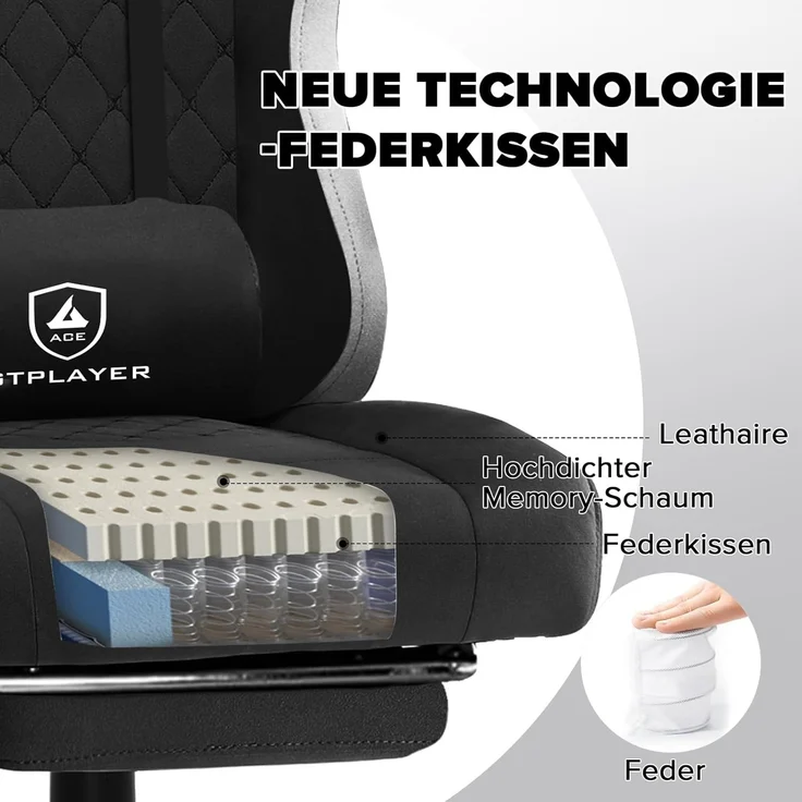 GTPLAYER Gaming Stuhl Ergonomischer Gaming Sessel Schreibtischstuhl mit Stoffoberfläche, Federsitzkissen, Verbindungsarmlehnen und Fußstütze schwarz – Bild 6