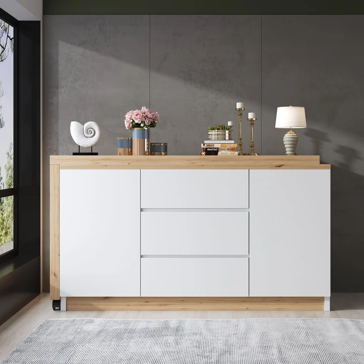 Schreibtisch 120 × 50 × 76,5 cm, drehbar und klappbar, 3 Schubladen, 2 Türen, 2 feststellbare Rollen, 4 cm starke Platte, Spanplatte, Weiß/Eiche – Bild 2
