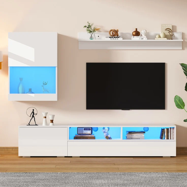 Wohnzimmermöbel 3 Set mit LED-Beleuchtung, TV Lowboard mit 2 offenen Fächern & 2 Türen,Wandschrank & Wandregal – Bild 6