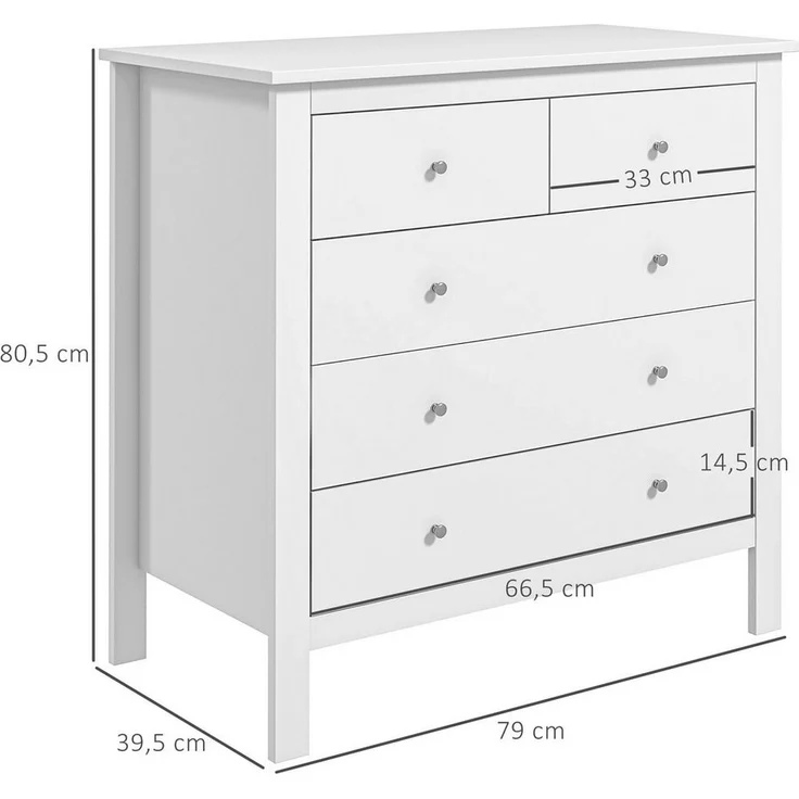 HOMCOM Kommode Beistellschrank mit 5 Schubladen Sideboard mit Anti-Kipp-Schutz (Aufbewahrungsschrank, 1 St, Schubladenkommode), für Schlafzimmer, Wohnzimmer, Weiß 79 x 39,5 x 80,5 cm – Bild 2