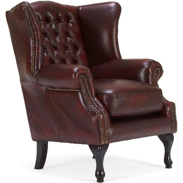 Chesterfield Ohrensessel Pittsfield, Echtleder in Antik Rot, 89x104x79cm - Federkern, Echtholzfüße - Perfekt für jede Einrichtung