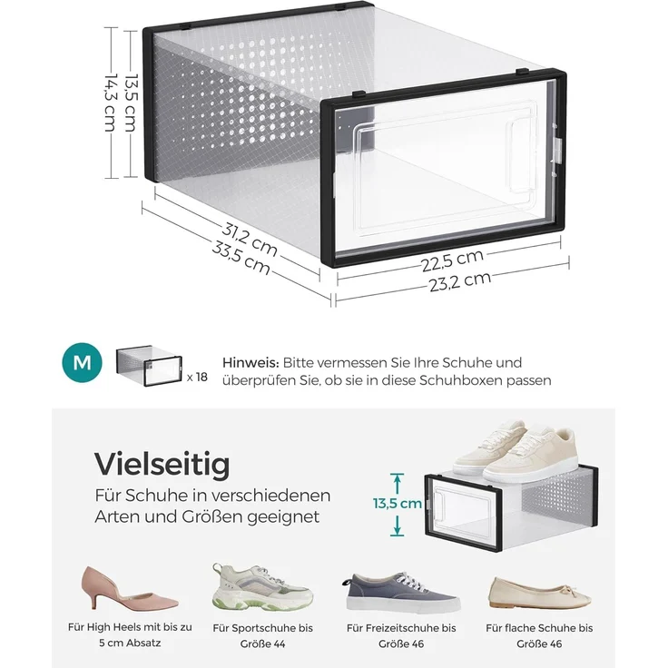 Songmics Schuhboxen 18er Set, Polypropylen Transparent/Schwarz – Bild 6