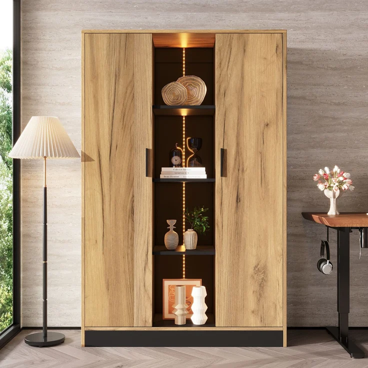ZUBALIYA Vitrine Schrank 95 x 35 x 160 cm, Aktenschrank mit LED-Beleuchtung, Mehrzweckschrank mit Türen, Bücherregal & Aufbewahrungsschrank aus Holzwerkstoff, Wohnzimmerschrank, Flurschrank,Aktenschrank – Bild 1