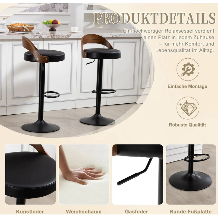 LVHOM Barstuhl 2er Set, 360° drehbarer Barhocker mit Rückenlehne und Fußstütze, höhenverstellbarer Tresenhocker aus Bugholz & PU-Leder, Schwarz – Bild 5