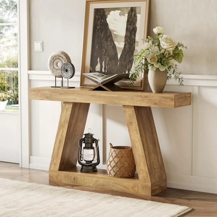 LITTLE TREE 140 cm-Sofatisch mit Stauraum, Konsolentisch im Landhausstil für zu Hause, rechteckiges Holzmöbelstück für den Eingangsbereich, Wohnzimmer, Schlafzimmer, Büro, Flur, Eiche – Bild 6