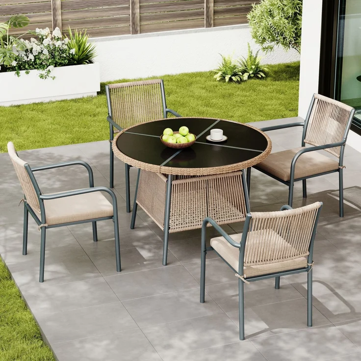 LVHOM 5-tlg. Gartenmöbel-Set, Sitzgruppe mit rundem Glastisch und 4 Polyrattan-Armlehnstühlen, inkl. Sitzpolster, Terrassenmöbel für 4 Personen, Wetterfest – Bild 1