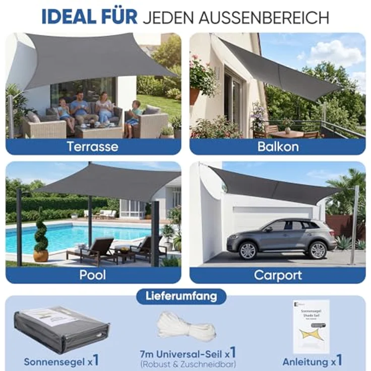 Sunula Sonnensegel Wasserdicht 3x5 m Rechteckig – hochdichtes PES 160g/m², mit umlaufendem Gurtband & Edelstahl-Ringen, Nahtversiegelung & bis zu 95% UV-Schutz, für Balkon Terrasse Garten, Anthrazit – Bild 7