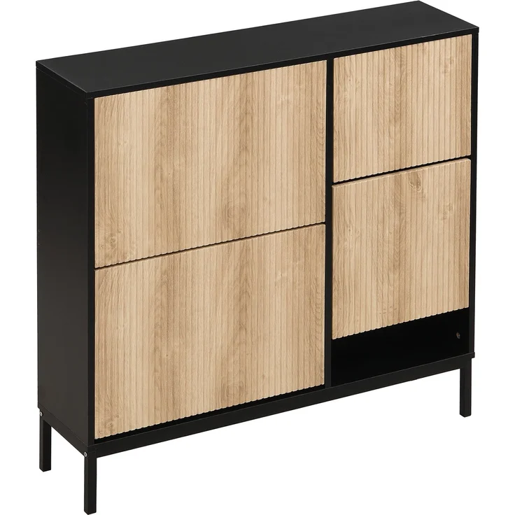 ZUBALIYA Schuhschrank (100 x 25 x 100 cm), 3 Klappfächer, Offener Stauraum, Stauraum für Flur und Eingangsbereich, Schwarz / Naturfarben – Bild 23