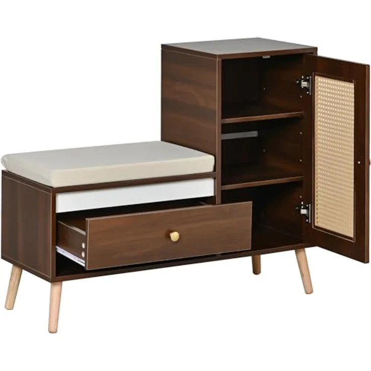 Schuhschrank Rattan Garderobenbank mit Sitzpolster, Walnussfarbe | Multifunktional, Schubladen & offene Fächer, Schranktür, 95,5×35×80cm – Bild 4