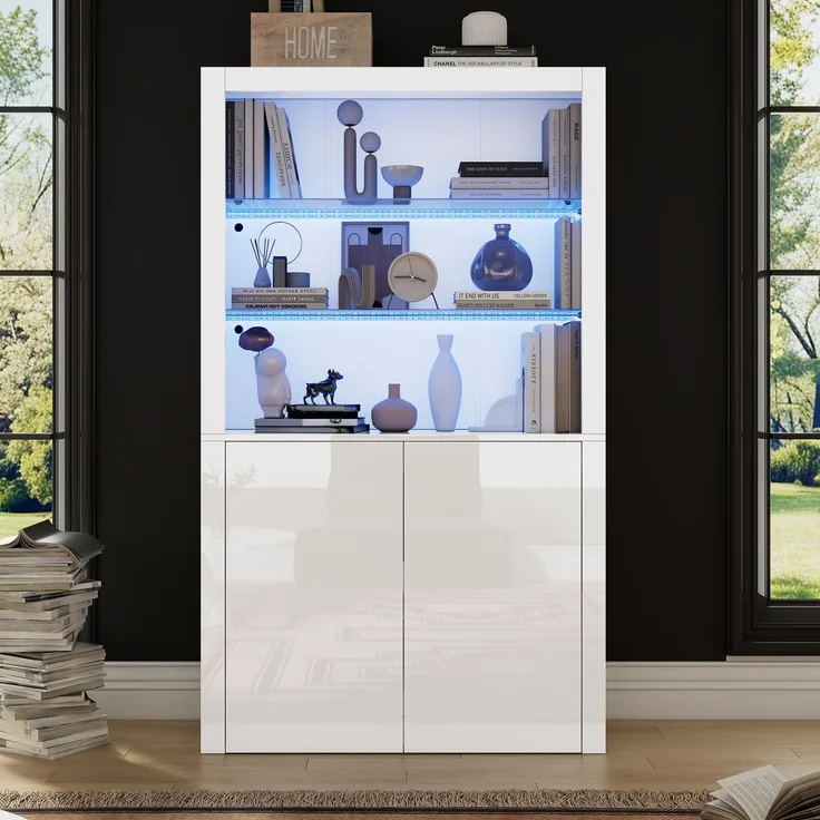 100 x 35 x 170 cm Sofa-Sideboard, Hochglanz-Aufbewahrungsschrank, Vitrinenschränke mit LED-Leuchten, Displayschicht aus gehärtetem Glas, Vertikaler Hochschrank fürs Wohnzimmer--Weiß--100x35x170cm--YOUDENOVA