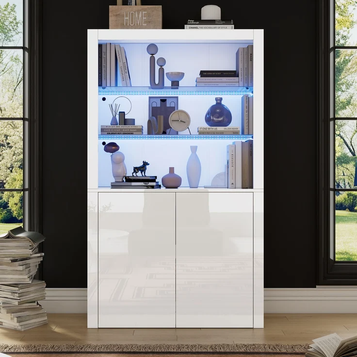 100 x 35 x 170 cm Sofa-Sideboard, Hochglanz-Aufbewahrungsschrank, Vitrinenschränke mit LED-Leuchten, Displayschicht aus gehärtetem Glas, Vertikaler Hochschrank fürs Wohnzimmer--Weiß--100x35x170cm--YOUDENOVA – Bild 1