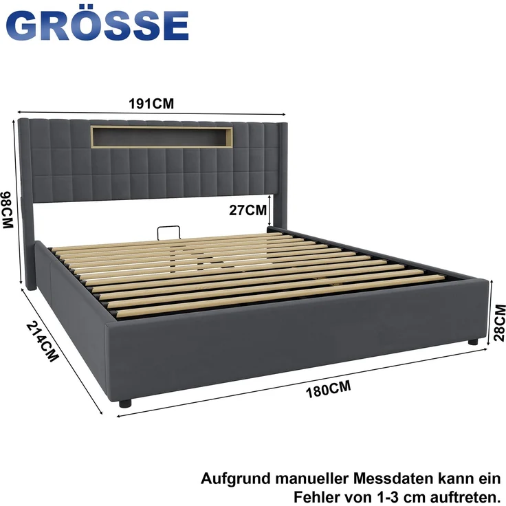 Polsterbett 180x200 cm mit LED-Beleuchtung, USB-Anschlüssen und Bettkasten – Ohne Matratze – Bild 4
