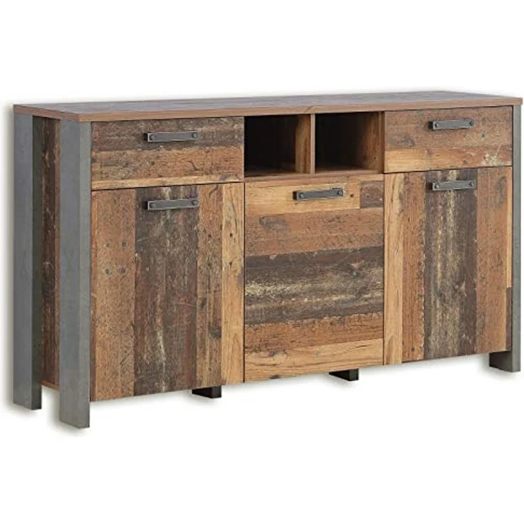 Forte Clif Esstisch ausziehbar, Holzwerkstoff, Old-Wood Vintage 160-200 x 76,6 x 90 cm & Clif Kommode mit 3 Türen und 2 Schubkästen, Dunkelgrau, 156,4 x 86,3 x 41,6 cm – Bild 6