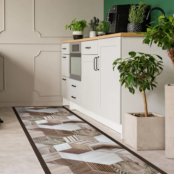 CREARREDA Wood Tropical Hexagons Kitchen Rug, 240 x 50 cm, Non-Slip and Washable Vinyl, Kitchen Runner in Vinyl, Washable, 100% Made in Italy, Deluxe Line