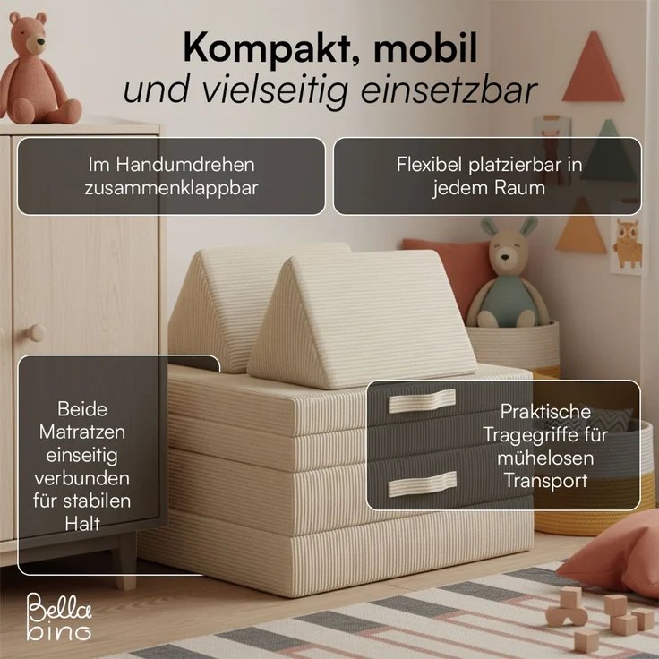 Bellabino 'Nile' Spielsofa mini, 4-tlg, Cord, beige, faltbare Kindercouch, abnehmbarer & waschbarer Bezug, Kleinkindsofa aus Schaumstoff, bis 6 Jahre, Oeko-Tex zertifiziert – Bild 9