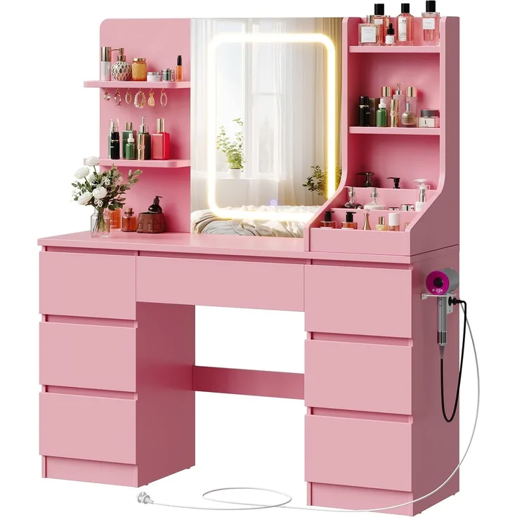 JUMMICO Schminktisch Groß 108cm, Frisiertisch mit Beleuchtung (3 Farben), Makeup Table mit Viel Stauraum, Schminktisch mit Steckdose & Haken, Vanity Desk, Rosa