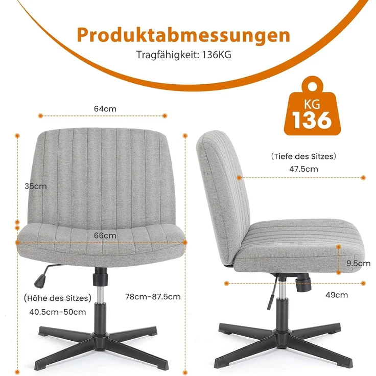 Sweetcrispy Bürostuhl Ohne Armlehnen, Schreibtischstuhl mit Stoffbezug, Lesesessel mit Breiterem Polster zum Sitzen im Schneidersitz Stuhl, Höhenverstellbar, 360° Drehstuhl für Haus, Grau – Bild 2
