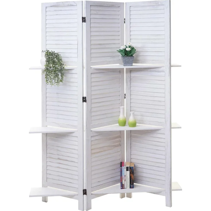 Paravent T752, Trennwand Raumteiler mit Regalböden 170x125cm, Shabby Look ~ weiß/weiß